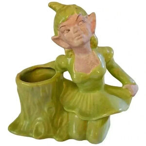 HTF VINTAGE GILNER POTTERY KNEELING PIXIE FAIRY ELF CHARTREUSE LOG STUMP PLANTER